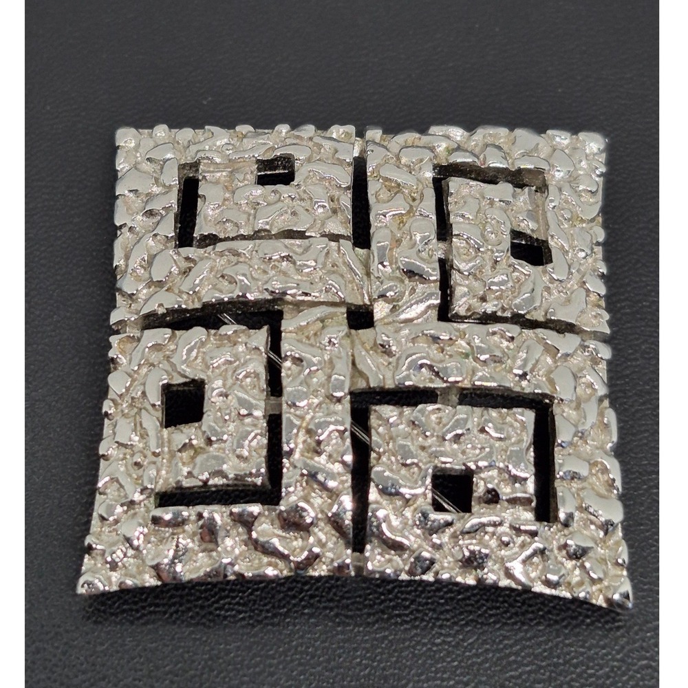 Vintage Trifari Brooch Woman Silver Tone Brutalist Geometric Textured Pin Square